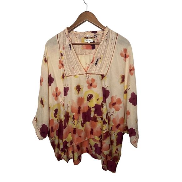 By Timo Sz Small Peach Orange Multicolor Floral Lightweight Cotton Boho Top - Picture 1 of 10